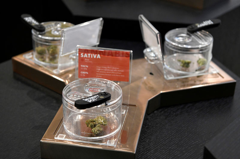 © Reuters. FILE PHOTO: Cannabis products on display at the Hunny Pot Cannabis Co. retail cannabis store after marijuana retail sales commenced in the province of Ontario, in Toronto