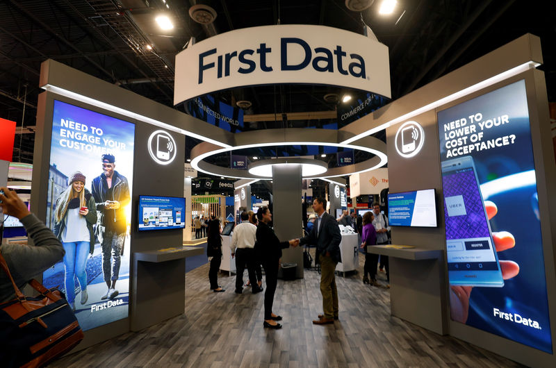 © Reuters. The First Data booth is shown on the exhibit hall floor during the Money 20/20 conference in Las Vegas