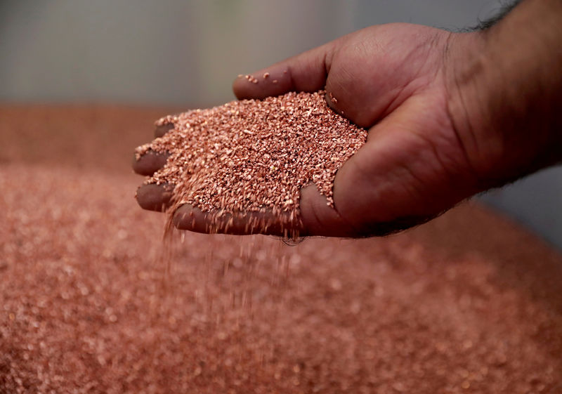 © Reuters. FILE PHOTO: An employee holds copper granules at the Loacker Swiss Recycling AG company in Birmensdorf