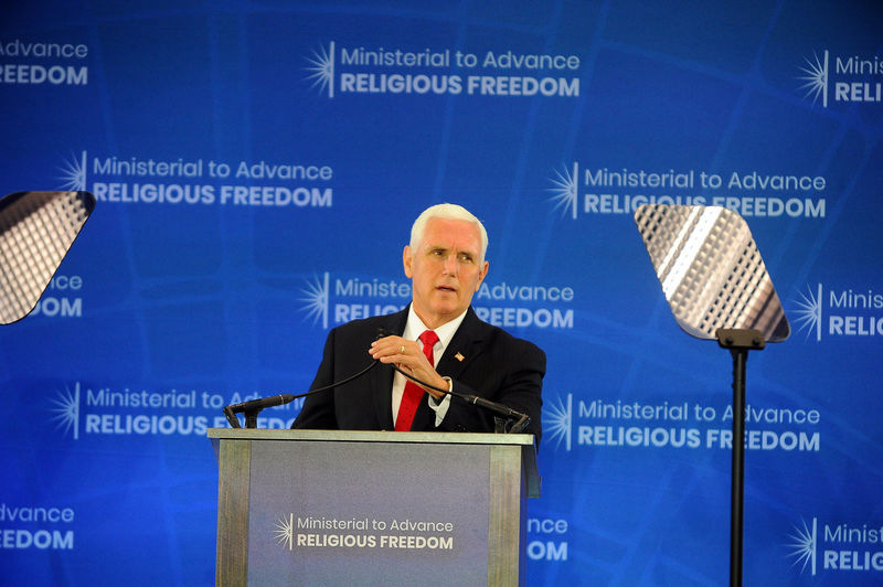 © Reuters. FILE PHOTO:  Vice President Mike Pence delivers remarks to the second Ministerial to Advance Religious Freedom at the State Department in Washington