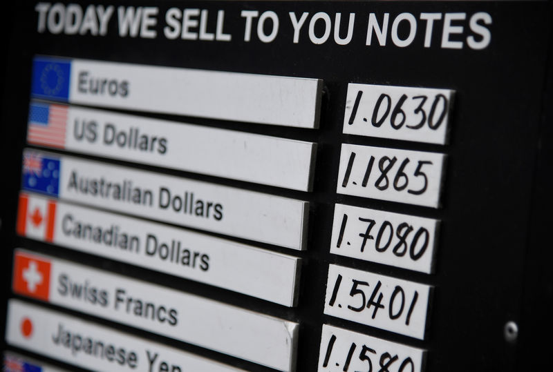 © Reuters. A board displaying buying and selling rates is seen outside of a currency exchange outlet in London