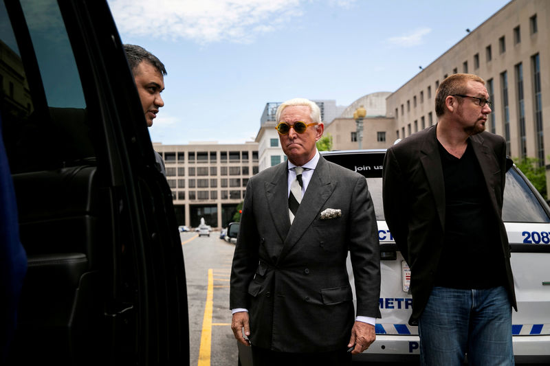 © Reuters. FILE PHOTO: Roger Stone, longtime political ally of U.S. President Donald Trump, departs following a hearing to convince a judge to dismiss charges stemming from Special Counsel Robert Mueller's probe into Russian interference