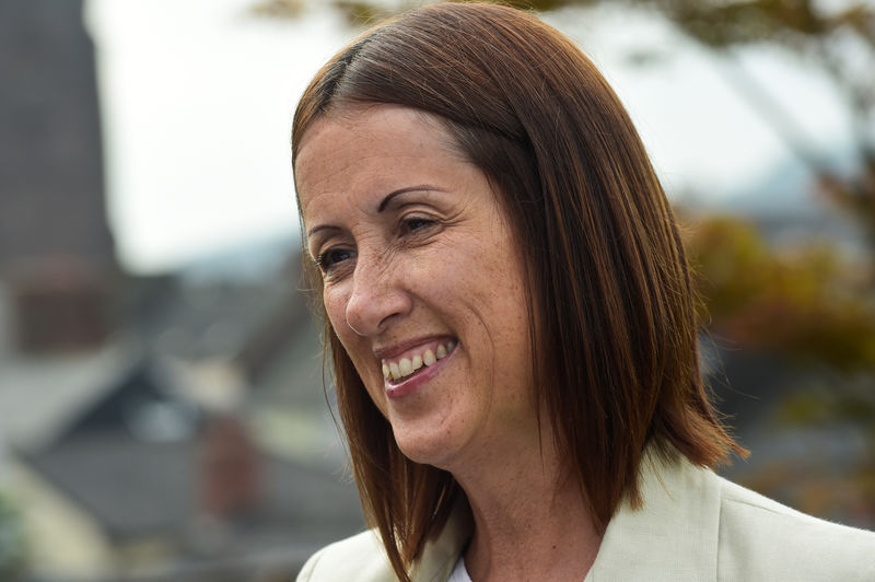 © Reuters. Jane Dodds smiles as she celebrates winning the Brecon and Radnorshire by-election in Brecon