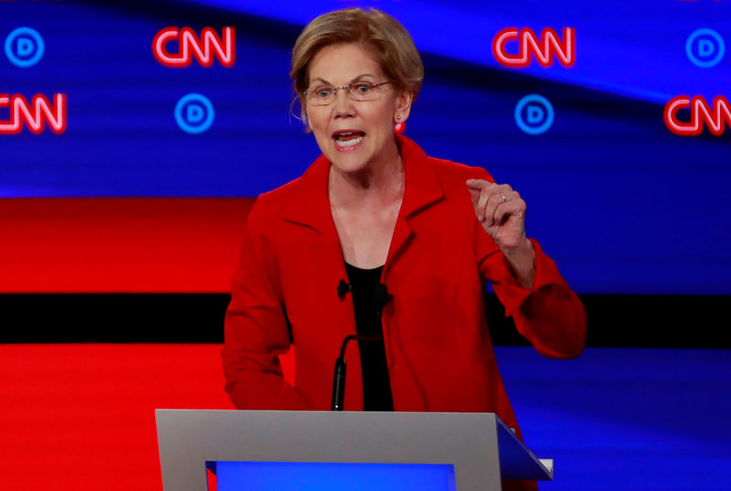 © Reuters. FILE PHOTO: Democratic 2020 U.S. presidential candidate U.S. Senator Elizabeth Warren speaks during the first night of the second 2020 Democratic U.S. presidential debate in Detroit