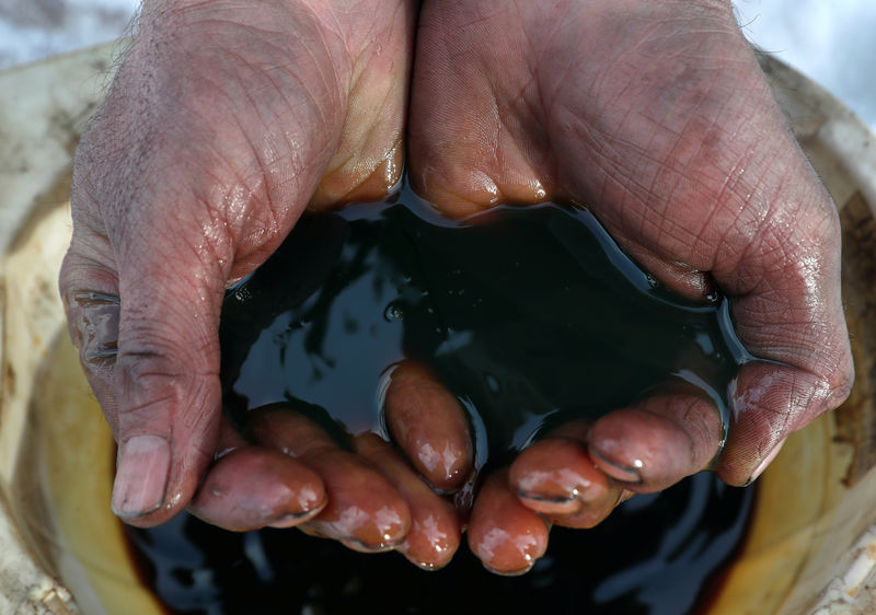 © Reuters. FILE PHOTO: An employee demonstrates a sample of crude oil in the Irkutsk Oil Company-owned Yarakta Oil Field in Irkutsk Region