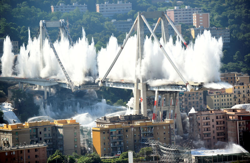 © Reuters. FILE PHOTO: Controlled explosions demolish two of the pylons of the Morandi bridge almost a year since a section of the viaduct collapsed killing 43 people, in Genoa