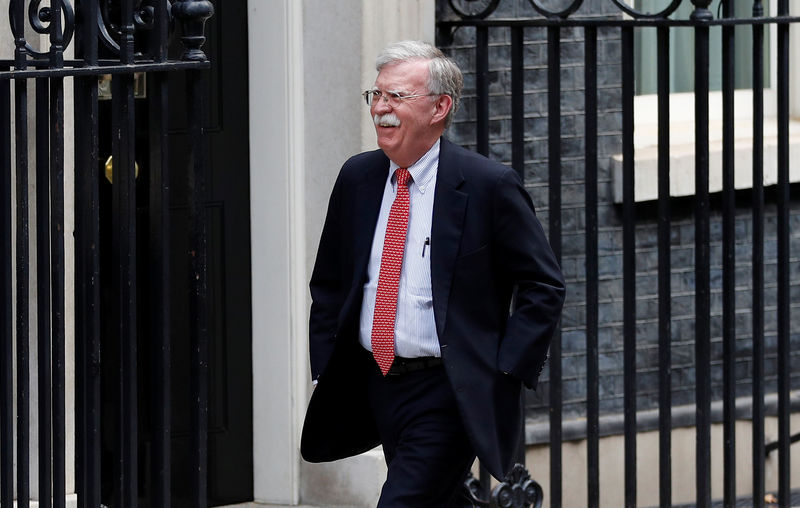 © Reuters. U.S. National Security Advisor John Bolton arrives for a meeting with Britain's Chancellor of the Exchequer Sajid Javid  at Downing Street in London