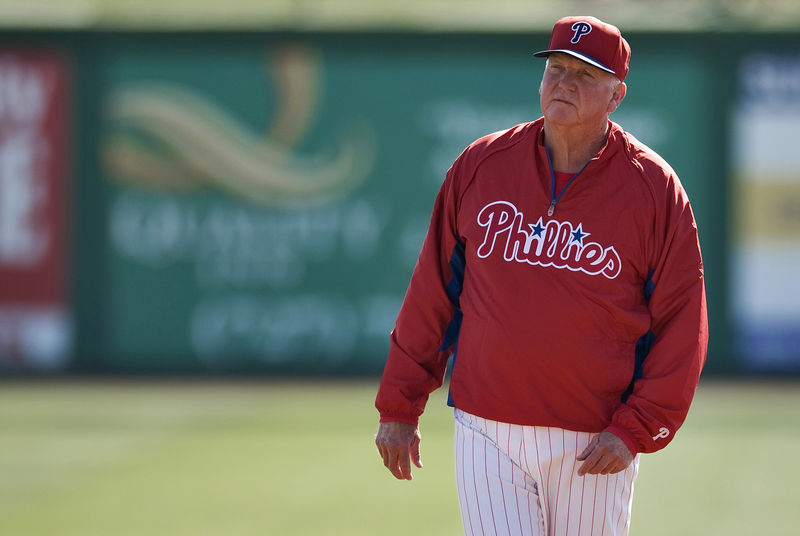 © Reuters. FILE PHOTO: Philadelphia Phillies manager Manuel watches his players during a workout before a MLB spring training baseball game with the Toronto Blue Jays in Clearwater, Florida