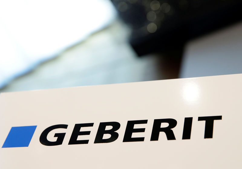 © Reuters. Logo of Swiss sanitary products company Geberit is seen at a news conference to present the company's annual results, in Zurich.
