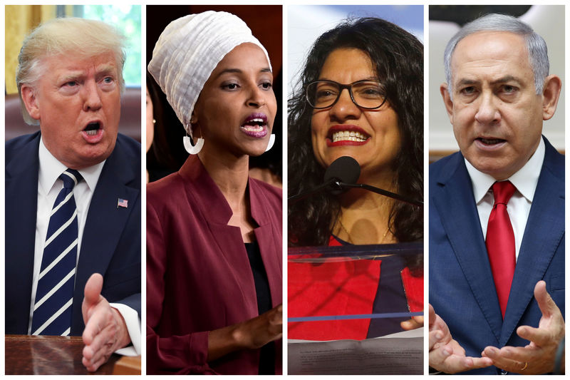 © Reuters. U.S. President Donald Trump U.S. Congresswomen Ilhan Omar Rashida Tlaib and Prime Minister Benjamin Netanyahu in a combination photo