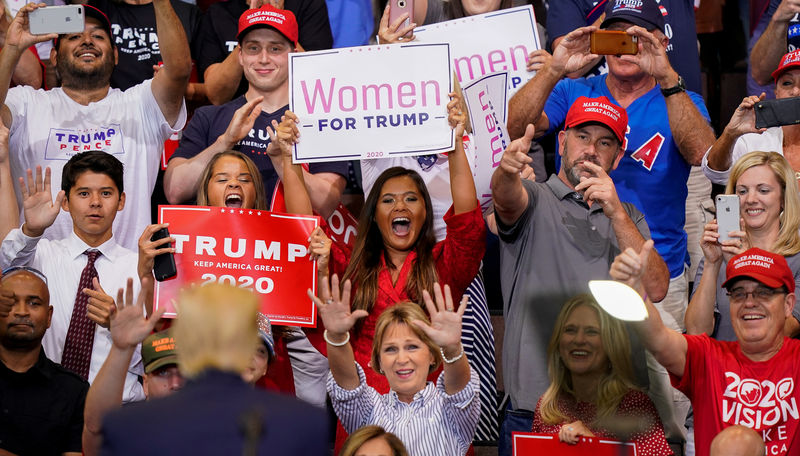 © Reuters. FILE PHOTO: Women supporting U.S. President Donald Trump react as he speaks during a campaign rally in Cincinnati