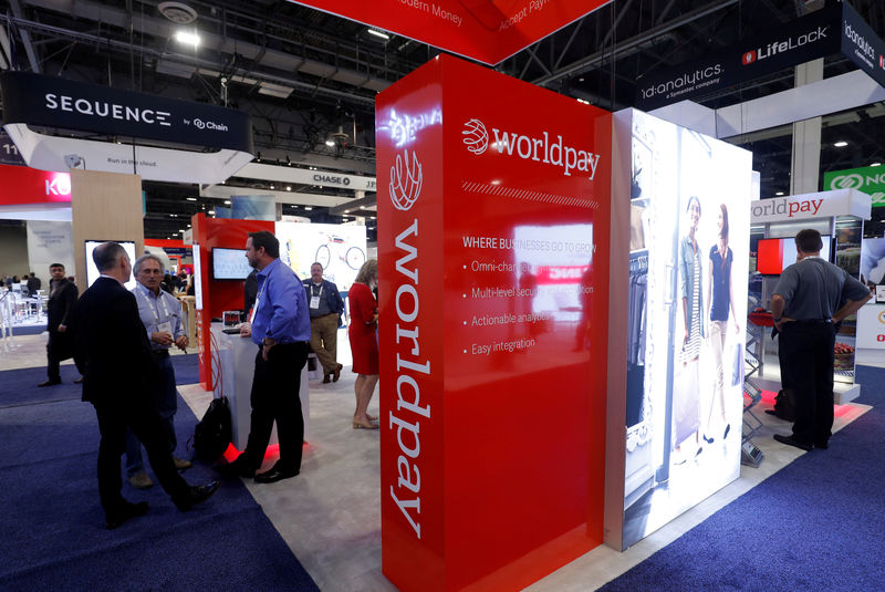 © Reuters. FILE PHOTO: A Worldpay booth is shown on the exhibit hall floor during the Money 20/20 conference in Las Vegas