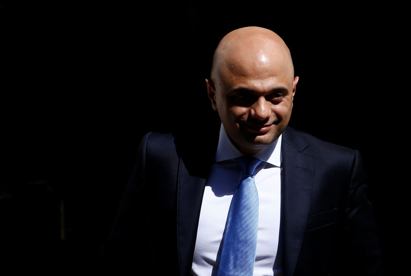 © Reuters. FILE PHOTO:  Newly appointed Britain's Chancellor of the Exchequer Sajid Javid is seen outside Downing Street in London