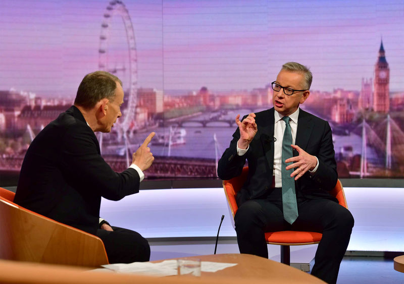 © Reuters. Michael Gove appears on BBC TV's The Andrew Marr Show in London