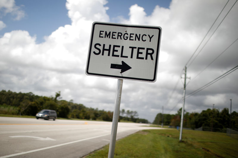 © Reuters. FILE PHOTO: An "Emergency shelter" sign points to the Pedro Menendez High School ahead of the arrival of Hurricane Dorian in St. Augustine