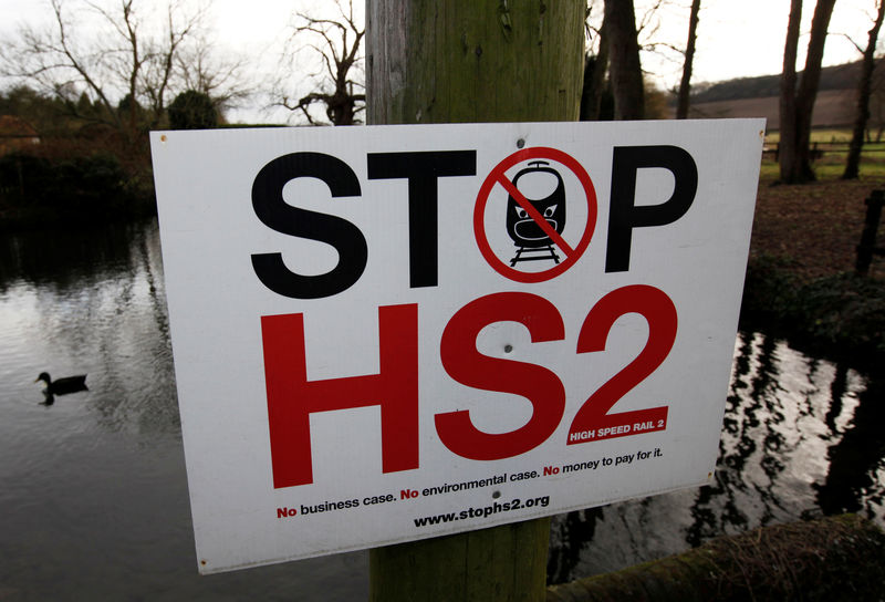 © Reuters. FILE PHOTO: A duck swims past a HS2 protest sign in Little Missenden