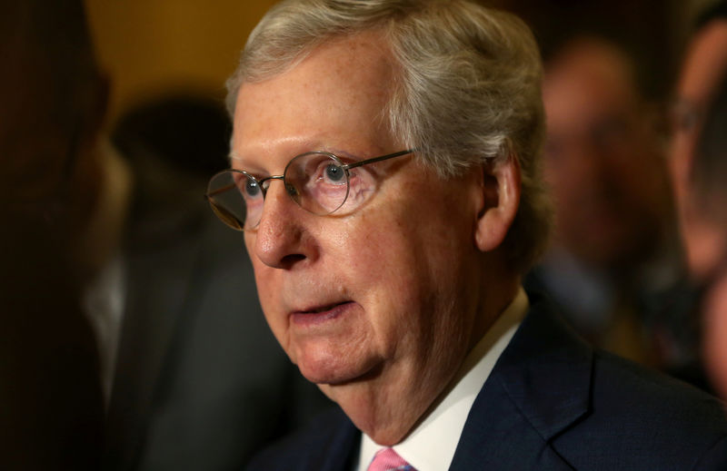 © Reuters. FILE PHOTO: U.S. Senate Majority Leader Mitch McConnell speaks to the news media in the U.S. Capitol Building in Washington