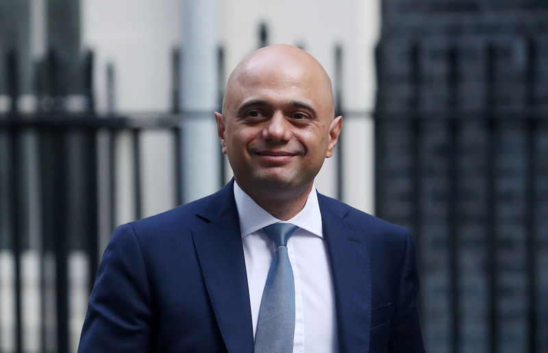 © Reuters. Britain's Chancellor of the Exchequer Sajid Javid walks on Downing Street, in London