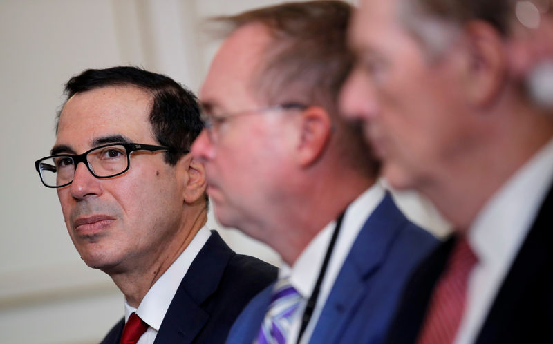 © Reuters. FILE PHOTO: Mnuchin seen at a G7 summit meeting on Aug. 26, 2019