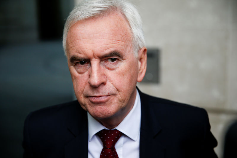 © Reuters. FILE PHOTO: British Labour politician John McDonnell speaks to media outside the BBC headquarters after appearing on the Andrew Marr show in London
