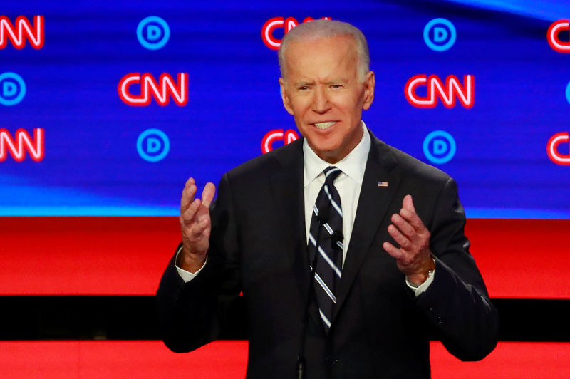 © Reuters. FILE PHOTO: Former Vice President Joe Biden speaks on the second night of the second 2020 Democratic U.S. presidential debate in Detroit