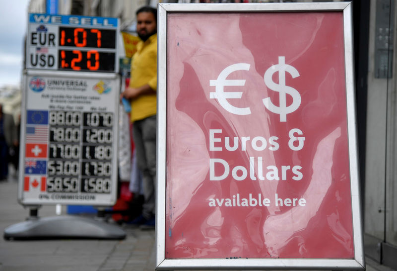 © Reuters. FILE PHOTO: Boards displaying buying and selling rates are seen outside of currency exchange outlets in London