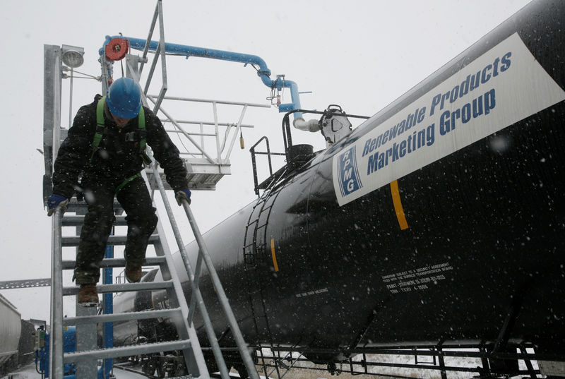 © Reuters. FILE PHOTO: Slade Whetro slides down a stairway alongside a railroad tank car loaded with ethanol at the Lincolnway Energy plant in Nevada, Iowa