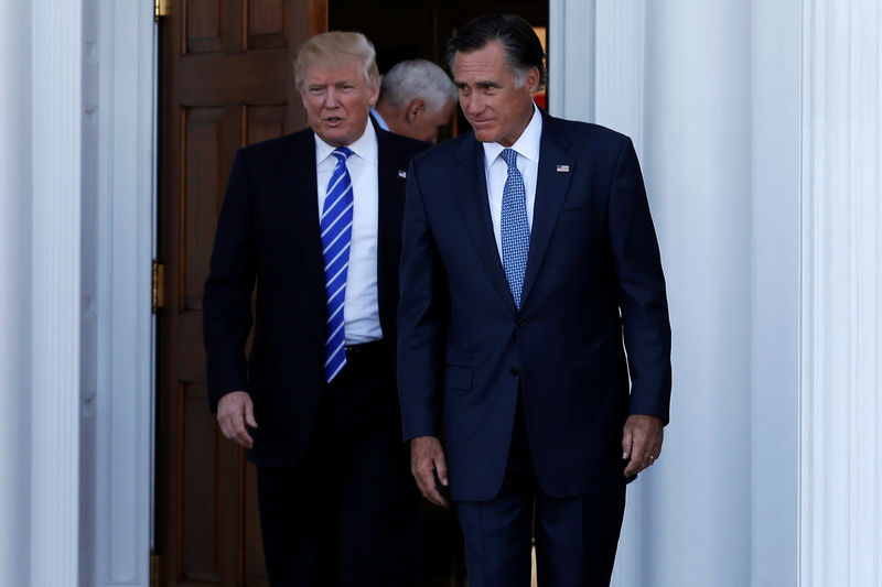 © Reuters. FILE PHOTO: U.S. President-elect Donald Trump and former Massachusetts Governor Mitt Romney emerge after their meeting at the main clubhouse at Trump National Golf Club in Bedminster