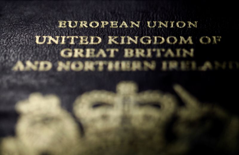© Reuters. FILE PHOTO: The close-up detail of the cover of a European Union British passport is seen in Paris