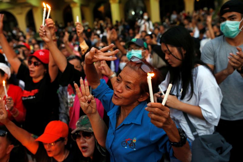 © Reuters. Protest against court's decision that dissolved Future Forward party at Thammasat University in Bangkok