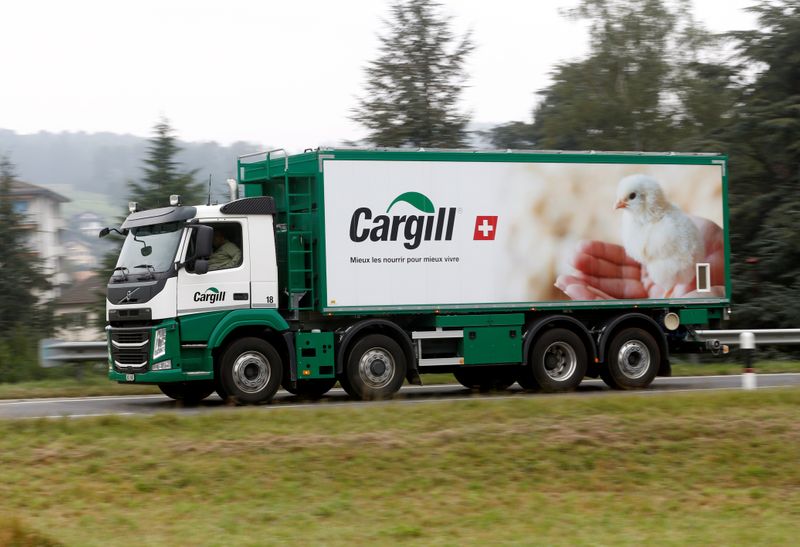 © Reuters. A Cargill logo is pictured on a truck transporting Provimi Kliba and Protector animal nutrition products near the factory in Lucens