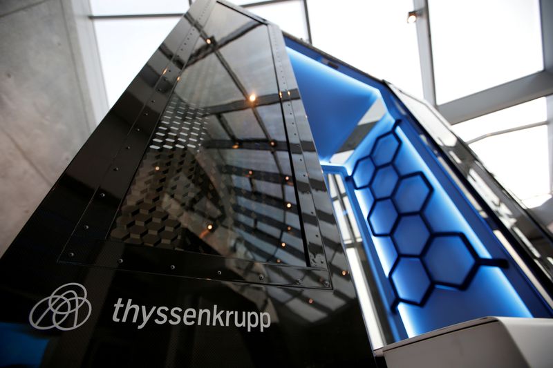 © Reuters. FILE PHOTO: Model of Thyssenkrupp's MULTI elevator is pictured inside the company's elevator test tower in Rottweil