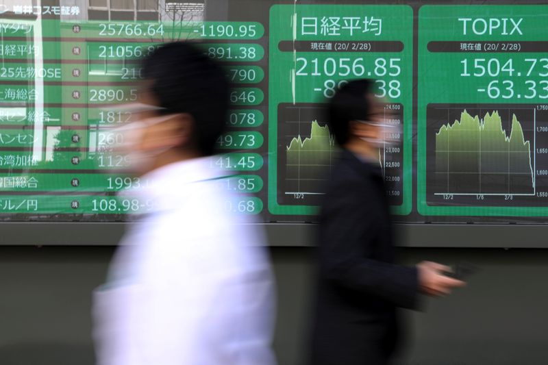 © Reuters. People wearing protective face masks, following an outbreak of the coronavirus, walk past a screen showing Nikkei index, outside a brokerage in Tokyo
