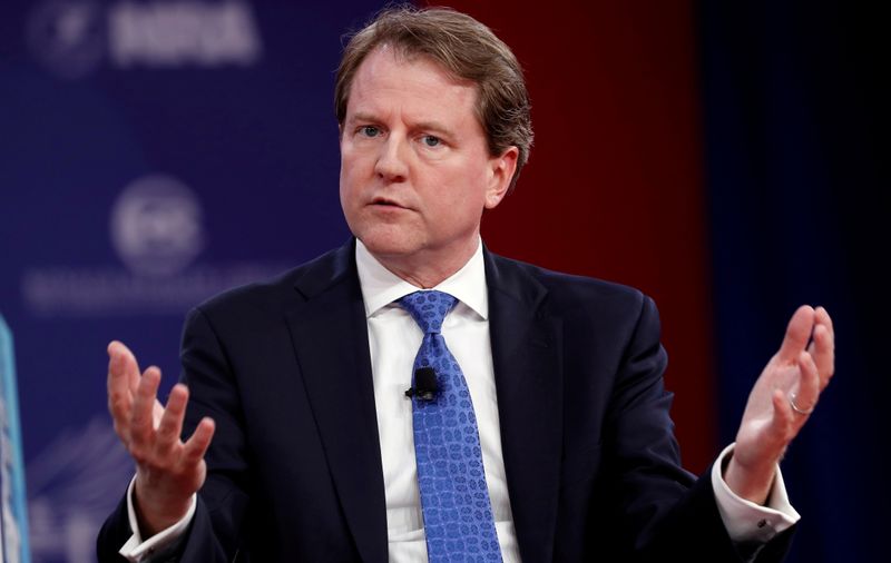 © Reuters. FILE PHOTO: McGahn speaks at the CPAC conference held in National Harbor, Maryland