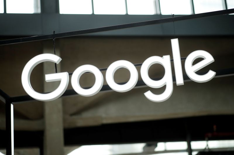 &copy; Reuters. FILE PHOTO:  The Google logo is seen at the &quot;Station F&quot; start up campus in Paris