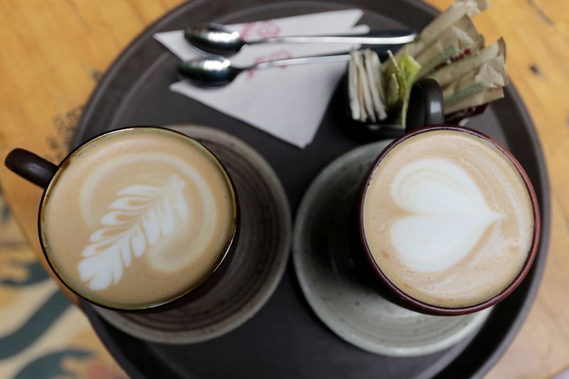 &copy; Reuters. FILE PHOTO: Cups of cappuccino are seen at a Juan Valdez store in Bogota