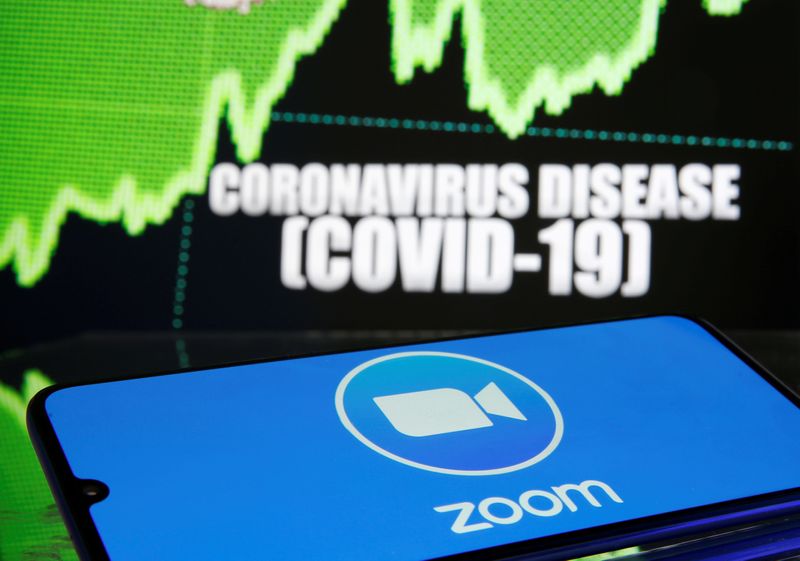 © Reuters. FILE PHOTO: FILE PHOTO: Zoom logo is seen in front of diplayed coronavirus disease (COVID-19)