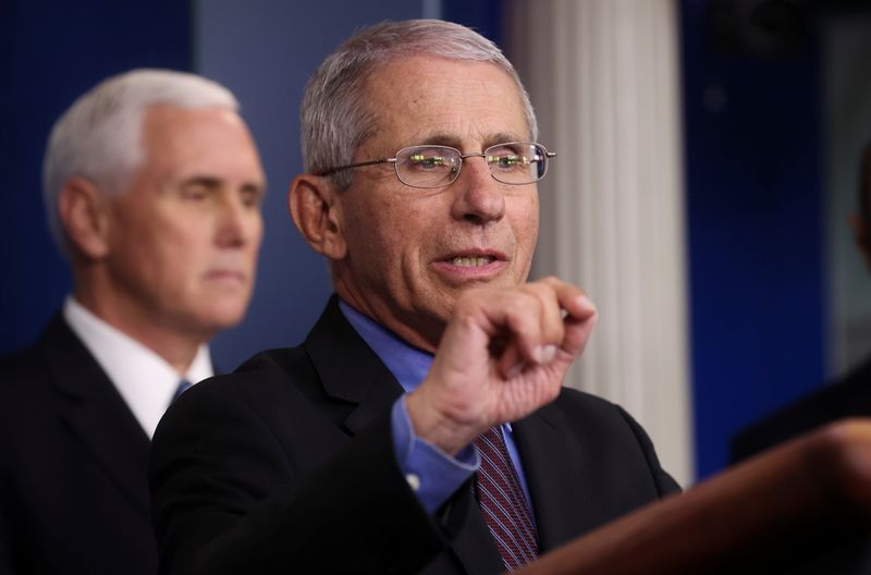 &copy; Reuters. Dr. Anthony Fauci addresses the daily coronavirus response briefing at the White House in Washington