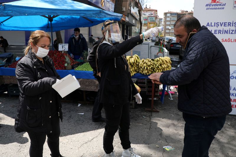 © Reuters. FILE PHOTO: A municipal worker checks a man's temperature as the spread of coronavirus disease (COVID-19) continues, in Diyarbakir