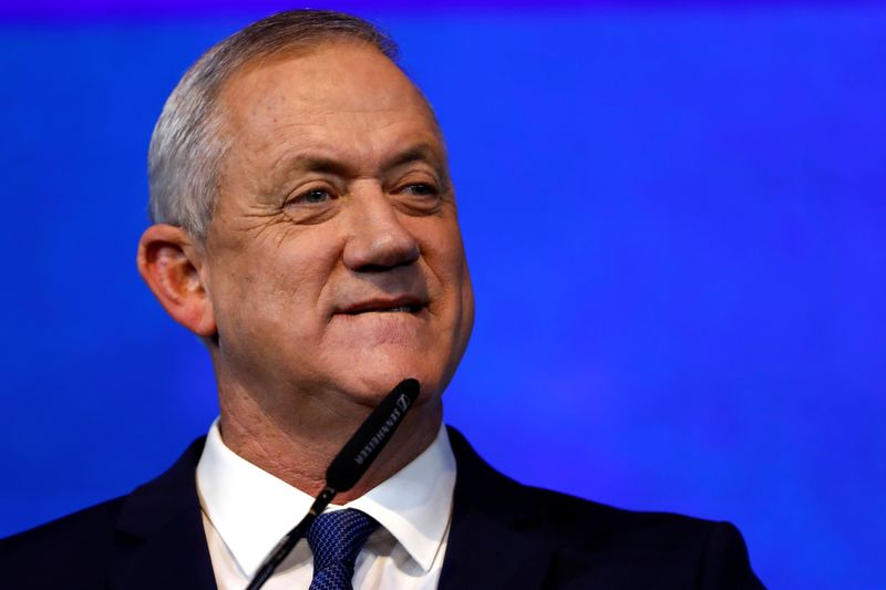 &copy; Reuters. Blue and White party leader Benny Gantz speaks to supporters following the announcement of exit polls in Israel&apos;s election at the party&apos;s headquarters in Tel Aviv