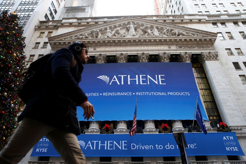 &copy; Reuters. A banner for Athene Holding Ltd hangs on the facade  of the NYSE announcing the company&apos;s IPO