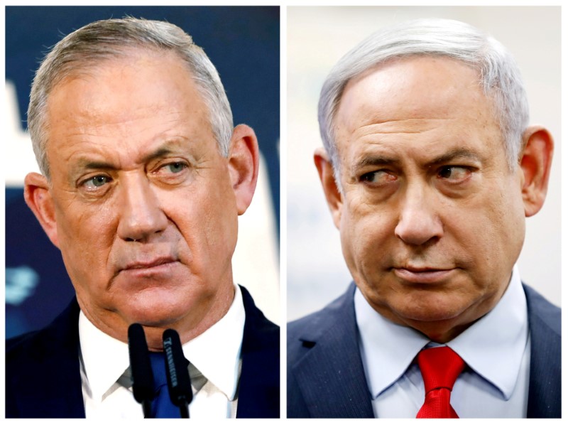 &copy; Reuters. FILE PHOTO: A combination picture shows Gantz, leader of Blue and White party in Tel Aviv and Israeli Prime Minister Netanyahu in Kiryat Malachi