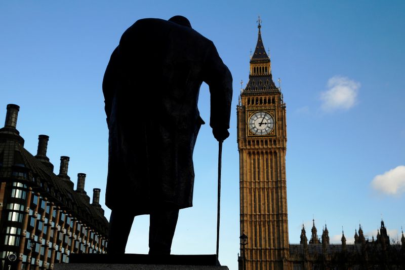 &copy; Reuters. FILE PHOTO: The statue of Britain&apos;s former Prime Minister Winston Churchill is silhouetted in front of the Houses of Parliament in London