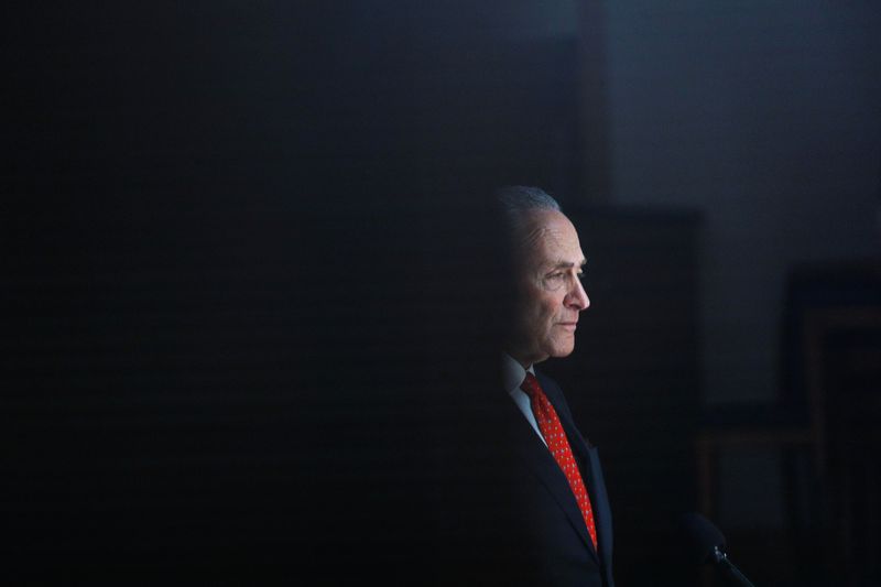 &copy; Reuters. U.S. Senate Minority Leader Schumer delivers remarks during a private interview, after Congress agreed to a multi-trillion dollar economic stimulus package created in response to the economic fallout from the COVID-19 Coronavirus, on Capitol Hill in Washi