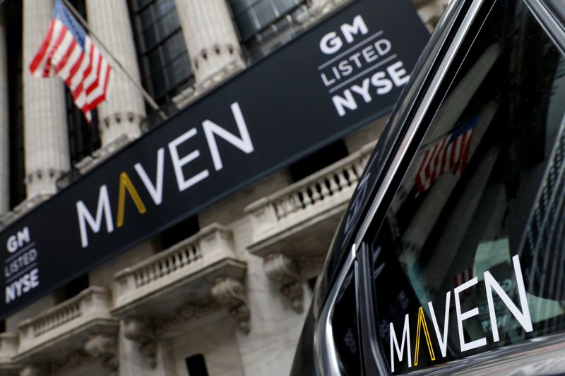 &copy; Reuters. A sign for General Motors Co. car-sharing operation, Maven hangs on the facade of the New York Stock Exchange (NYSE) in New York