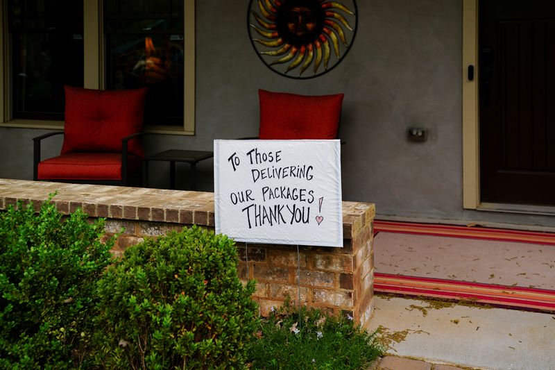 &copy; Reuters. A lawn sign thanking delivery drivers is seen in the midst of the coronavirus pandemic in Atlanta