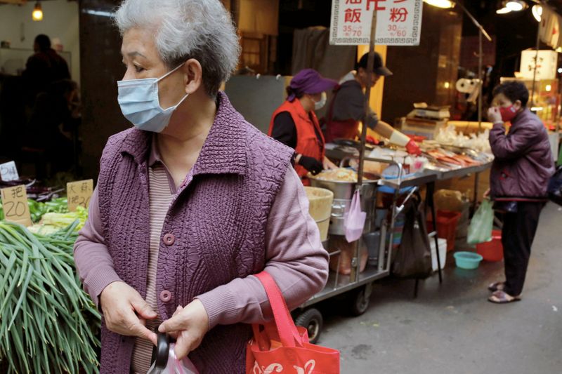 &copy; Reuters. Residents wear face masks to protect themselves from the coronavirus disease (COVID-19) spread while shopping at a open-air market in Taipei