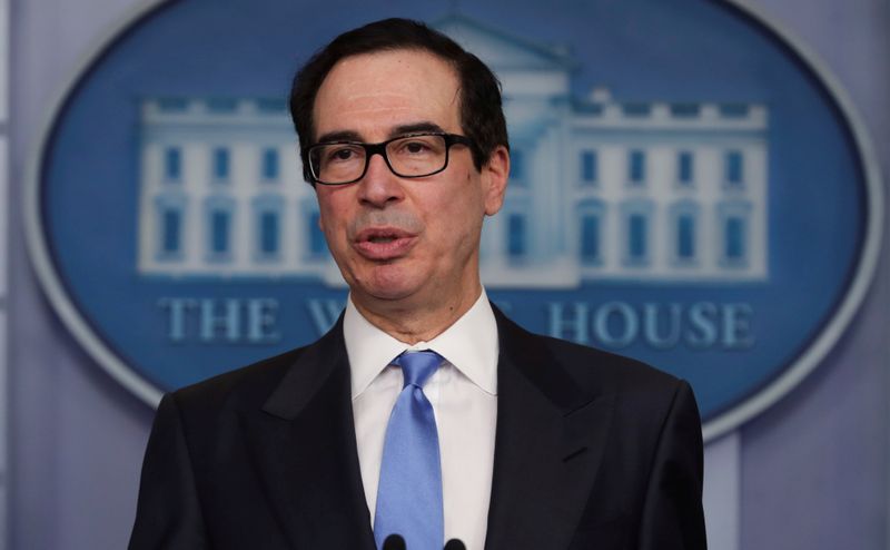 &copy; Reuters. Treasury Secretary Steven Mnuchin speaks during the daily coronavirus task force briefing at the White House in Washington