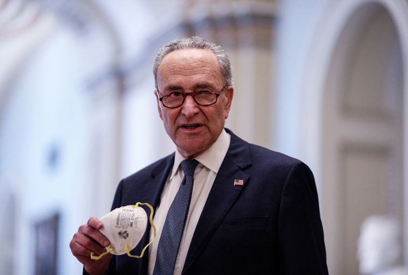 &copy; Reuters. U.S. Senate Minority Leader Schumer arrives prior to vote on newest coronavirus relief package on Capitol Hill in Washington