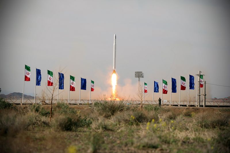 &copy; Reuters. A first military satellite named Noor is launched into orbit by Iran&apos;s Revolutionary Guards Corps, in Semnan